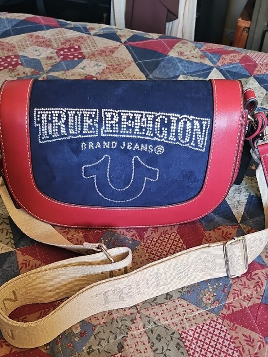 True Religion Handbags - True Religion Navy Suede & Red Leather Rhinestone Crossbody
